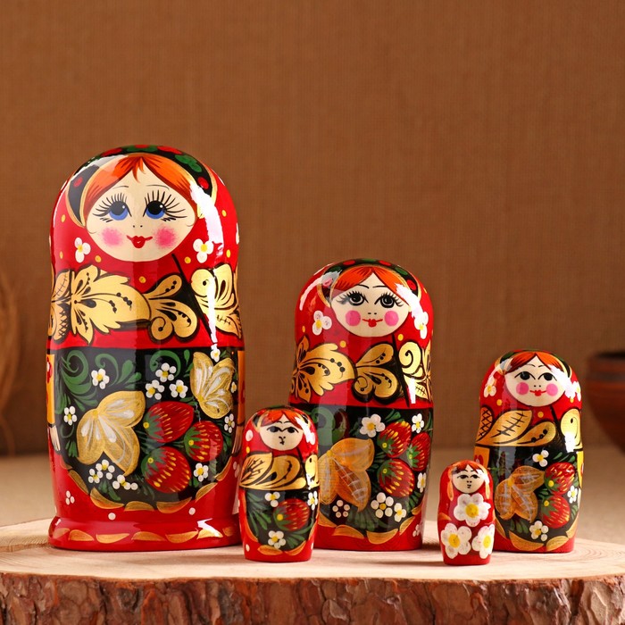 картинка Матрёшка «Хохлома», красный платок, 5 кукольная, 17 см, ручная работа от магазина ДетсадЯр