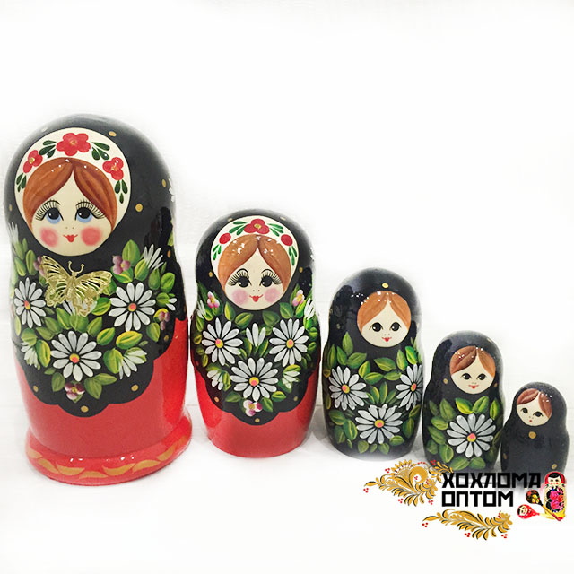 картинка Матрешка "Ромашка с бабочкой" 5 кукольная (18 см.), Хохлома Семенов от магазина ДетсадЯр