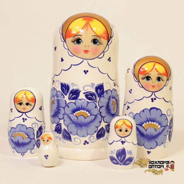 картинка Матрешка "Гжель белая" 5 кукольная (18 см.), Хохлома Семенов от магазина ДетсадЯр