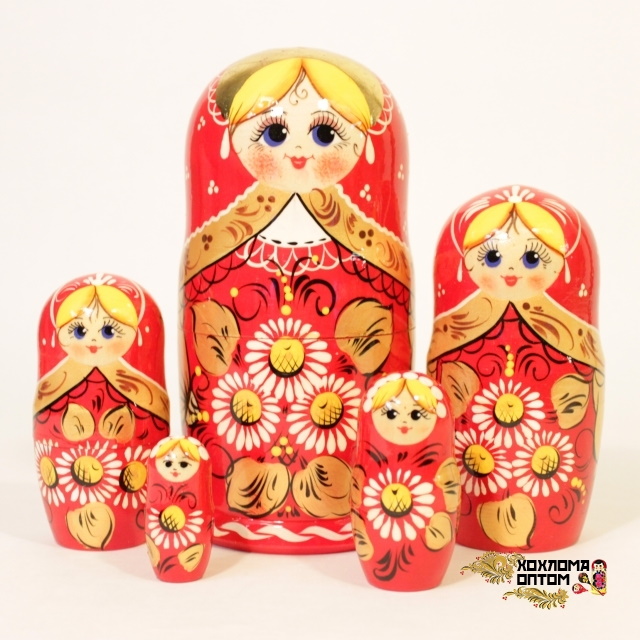 картинка Матрешка "Ромашка красная" 5 кукольная (18 см.), Хохлома Семенов от магазина ДетсадЯр