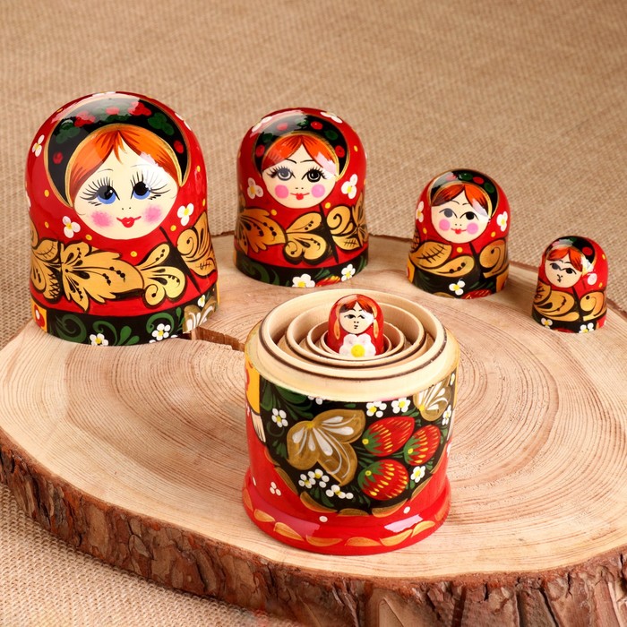 картинка Матрёшка «Хохлома», красный платок, 5 кукольная, 17 см, ручная работа от магазина ДетсадЯр