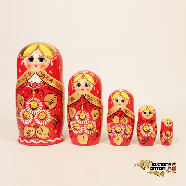картинка Матрешка "Ромашка красная" 5 кукольная (18 см.), Хохлома Семенов от магазина ДетсадЯр