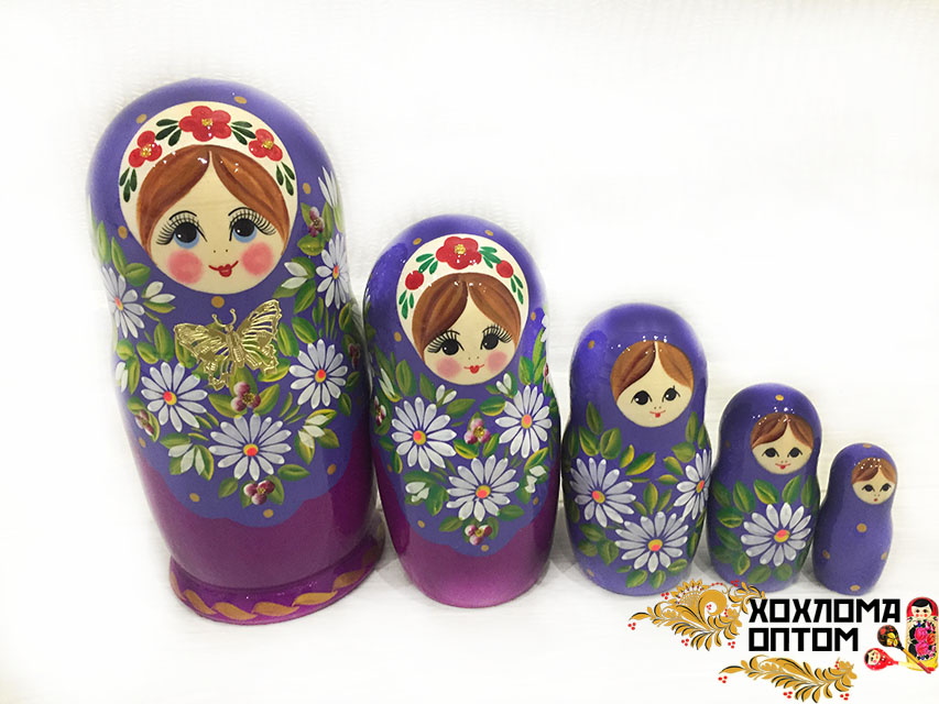 картинка Матрешка "Ромашка с бабочкой" 5 кукольная (18 см.), Хохлома Семенов от магазина ДетсадЯр
