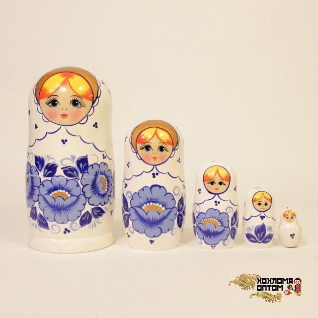 картинка Матрешка "Гжель белая" 5 кукольная (18 см.), Хохлома Семенов от магазина ДетсадЯр