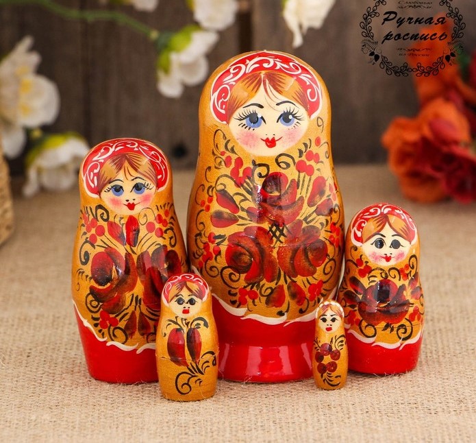 картинка Матрёшка «Цветы», золотой платок, 5 кукольная, 10 см, ручная работа от магазина ДетсадЯр