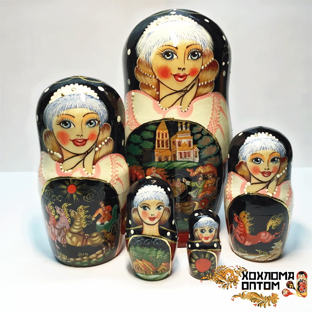 картинка Матрешка "Сюжет" 5 кукольная (18 см.), Хохлома Семенов от магазина ДетсадЯр