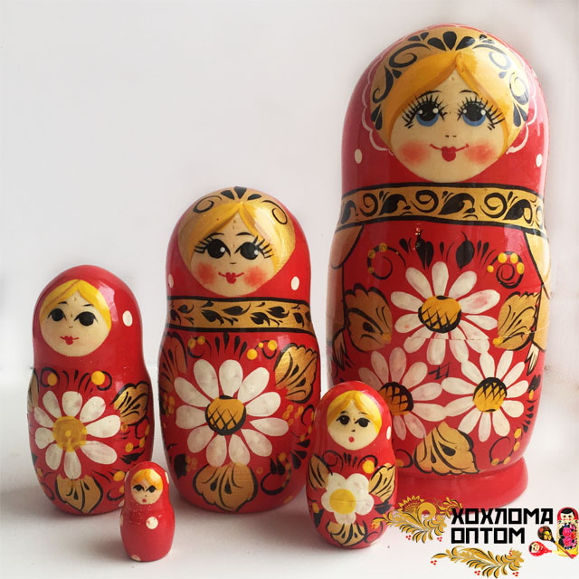 картинка Матрешка "Ромашка красная" 5 кукольная (18 см.), Хохлома Семенов от магазина ДетсадЯр